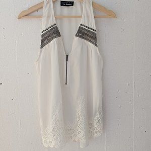 The Kooples Sport White Sleeveless Beaded Zipper Lace Sheer Top NWOT